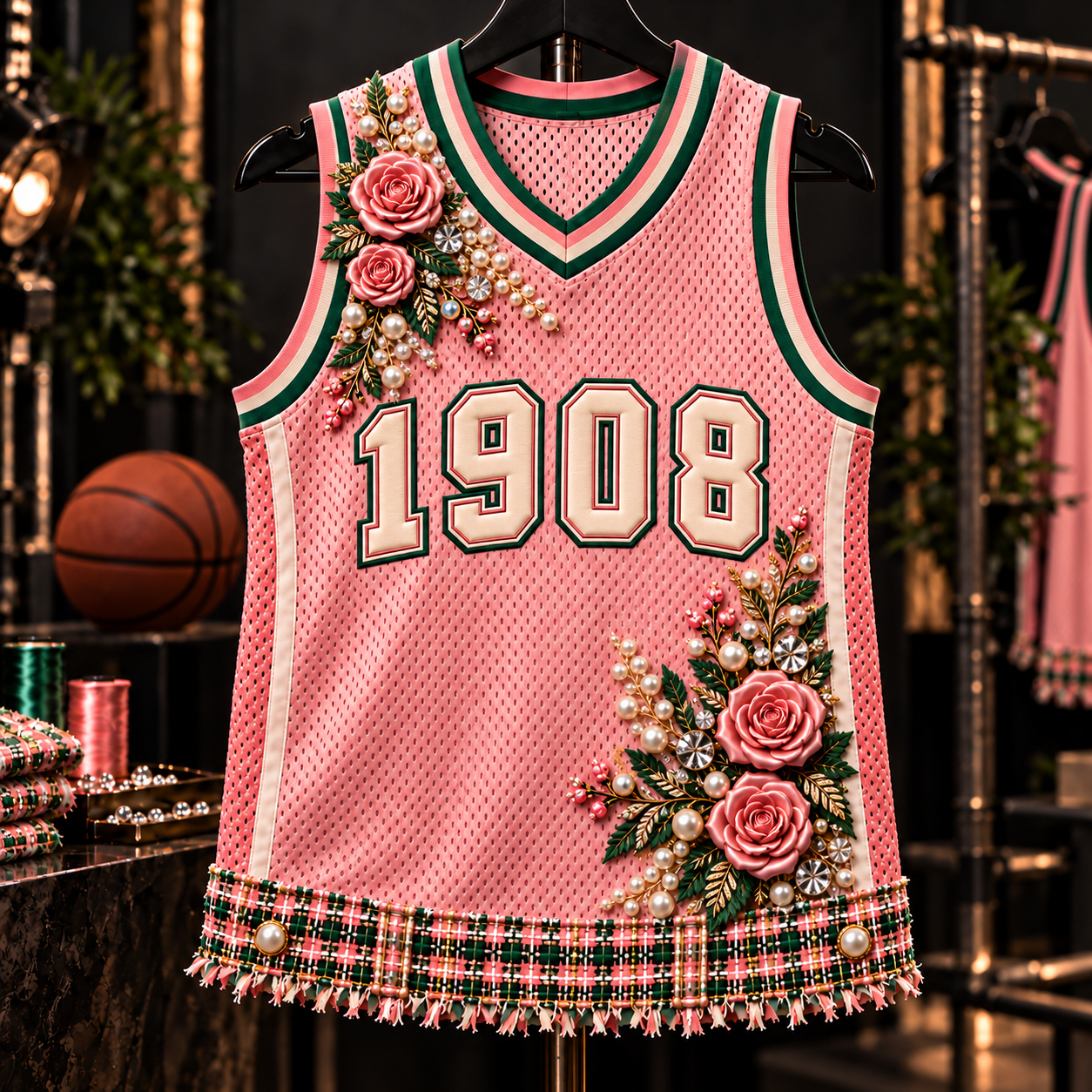 Pink 1908 basketball jersey with roses, pearls, crystals, and green trim