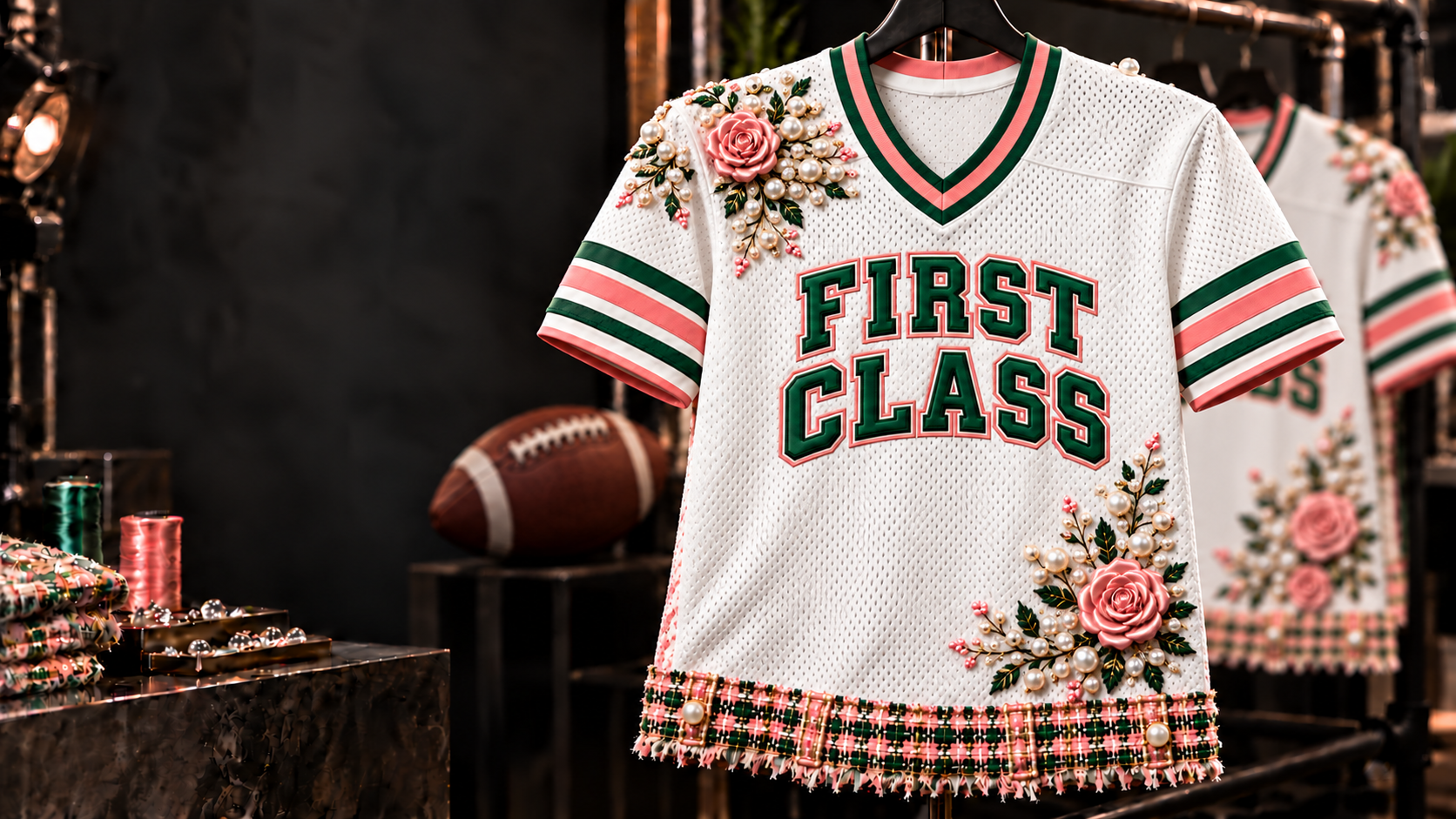 Pearl-white First Class football jersey with floral and pearl details