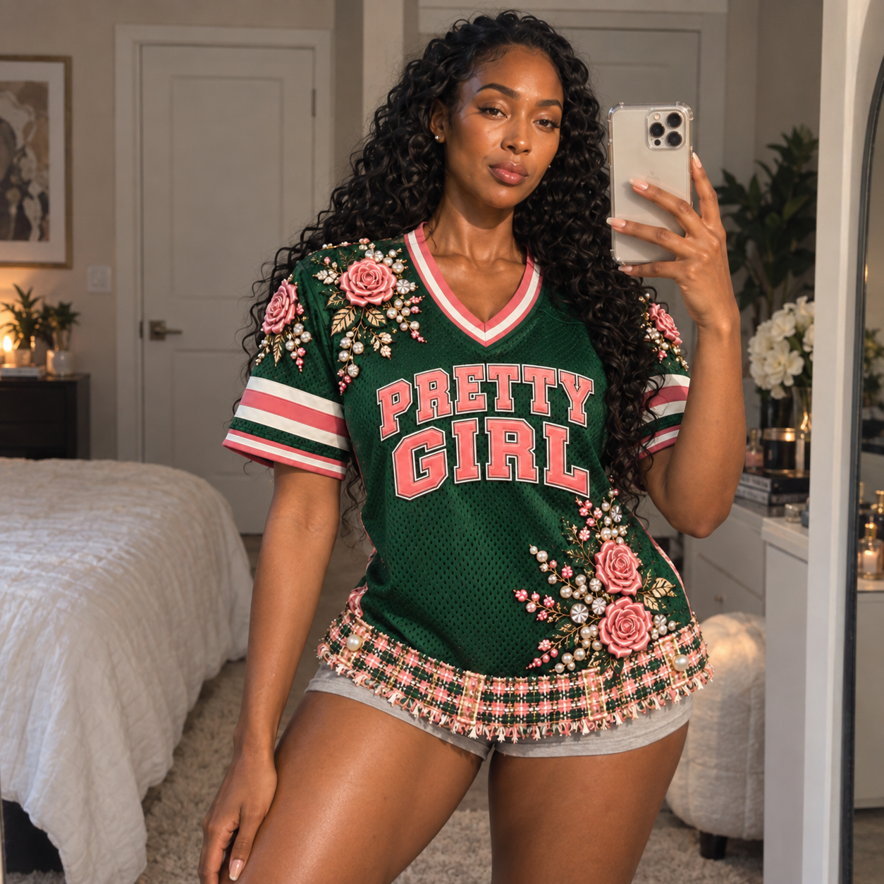 Woman from the Court14 reference taking a mirror selfie in the collection's green Pretty Girl football jersey